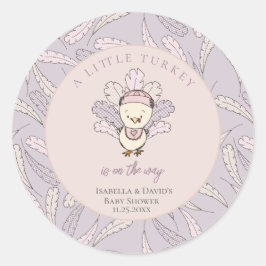 Pegatina Redonda Little Turkey Feathers Autumn Chica Baby Shower