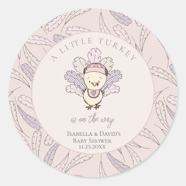 Pegatina Redonda Little Turkey Feathers Autumn Chica Baby Shower (Anverso)