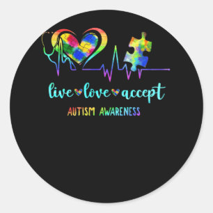 Pegatina Redonda Live Love Accept Autism Awareness Puzzle Heartbeat