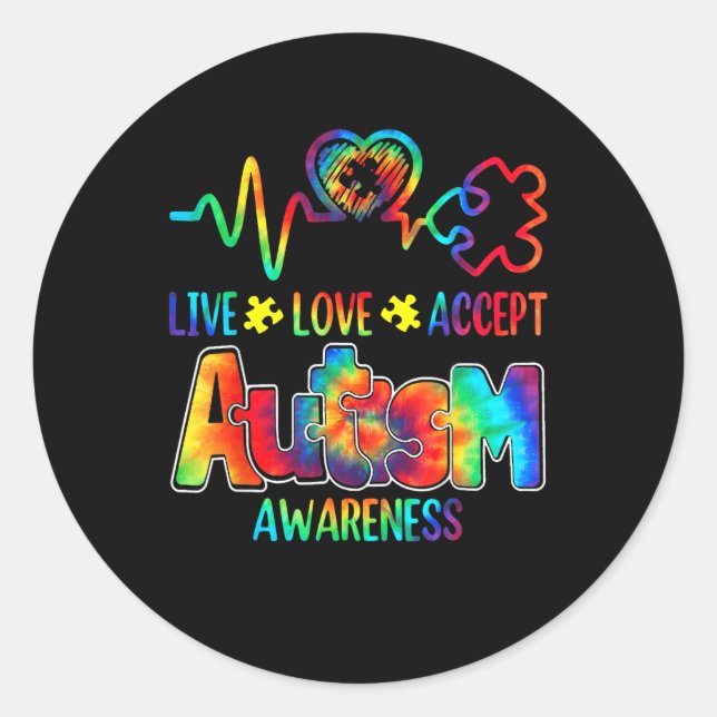 Pegatina Redonda Live Love Accept Autism Awareness Support Aceptabl (Anverso)