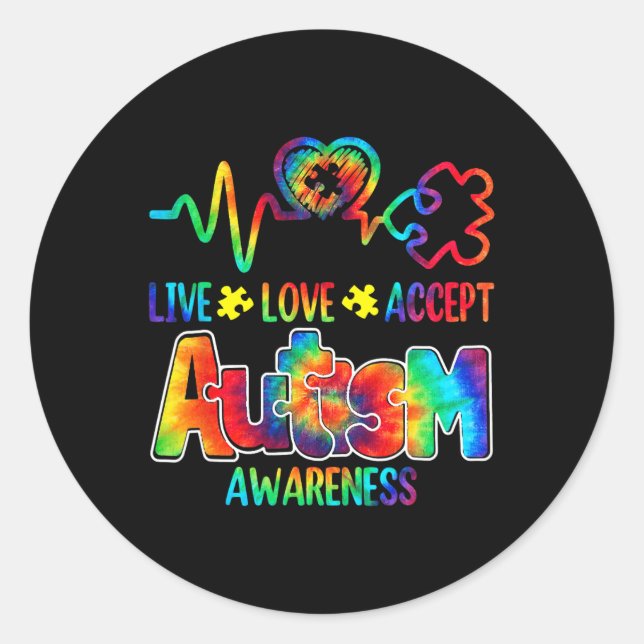 Pegatina Redonda Live Love Accept Autism Awareness Support Aceptabl (Anverso)