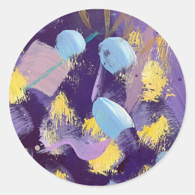 Pegatina Redonda Lively Purple, Blue, and Yellow Abstract Art (Anverso)