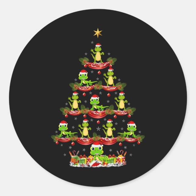 Pegatina Redonda Lizard Xmas Iluminando el árbol navideño de Santa  (Anverso)
