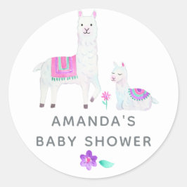 Pegatina Redonda Llama a acuarela tema Baby Shower