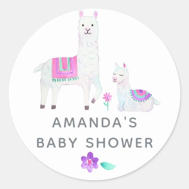 Pegatina Redonda Llama a acuarela tema Baby Shower (Anverso)