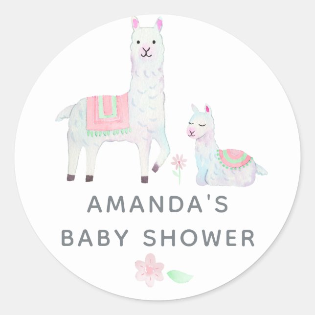 Pegatina Redonda Llama a acuarela tema Baby Shower (Anverso)