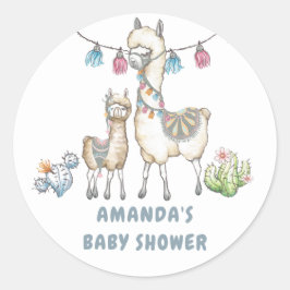 Pegatina Redonda Llama a acuarela tema Baby Shower