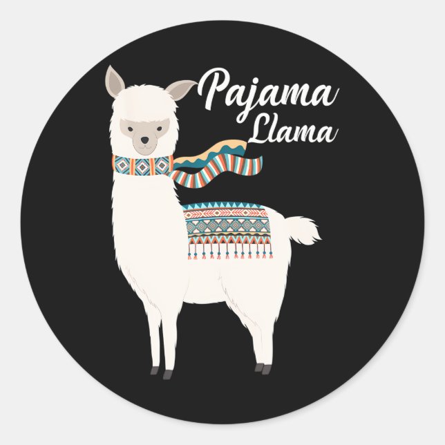 Pegatina Redonda Llama a pijama a la cama (Anverso)