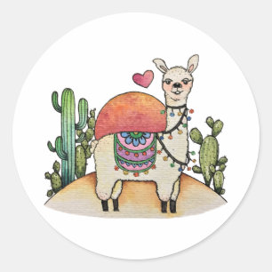Pegatina Redonda Llama acuarela con cactus