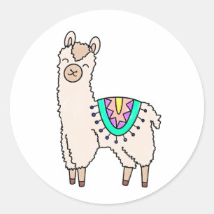 Pegatina Redonda llama alpaca de dibujos animados sonriendo feliz d