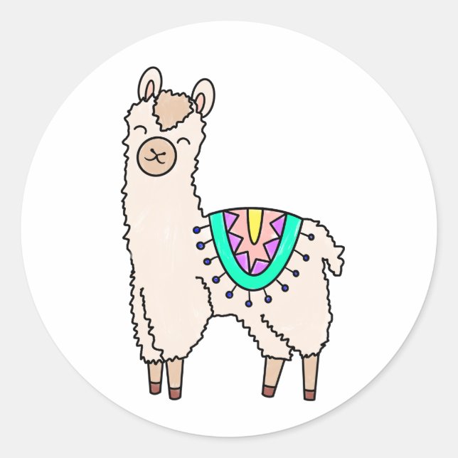 Pegatina Redonda llama alpaca de dibujos animados sonriendo feliz d (Anverso)