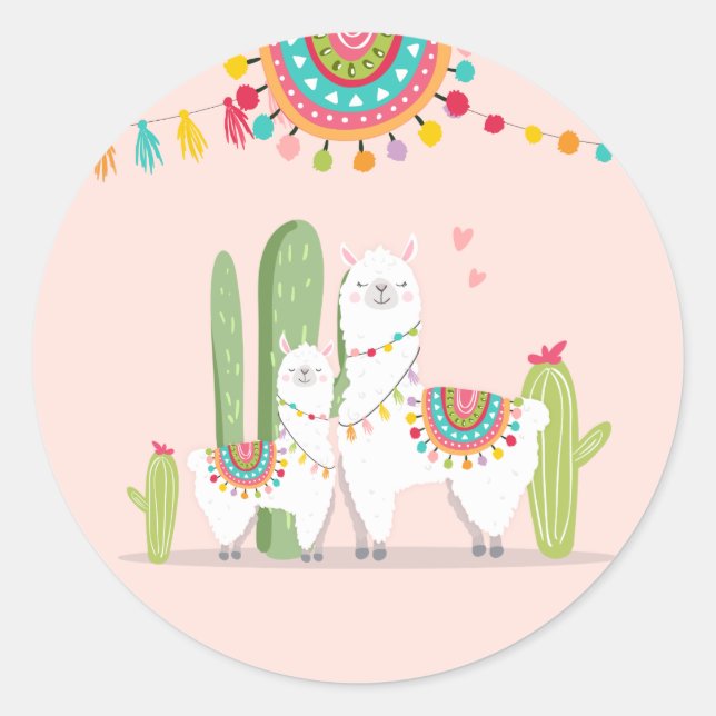 Pegatina Redonda Llama Baby Shower Alpaca Fiesta Cactus Mexicano (Anverso)