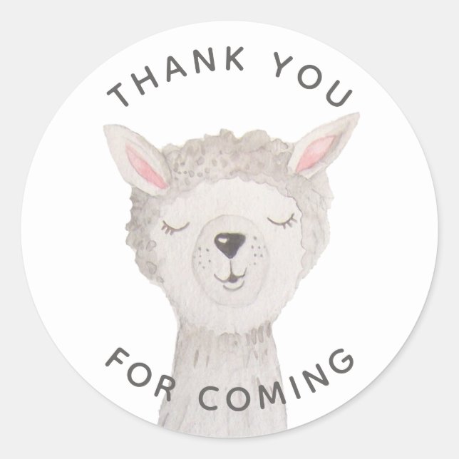 Pegatina Redonda Llama Baby Shower Thank You | Cute Alpaca Animal (Anverso)
