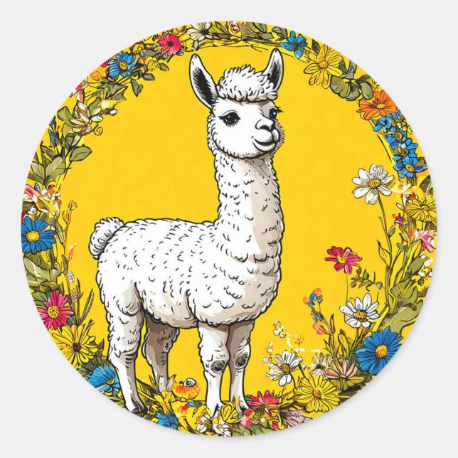 Pegatina Redonda Llama blanca alegre (Anverso)