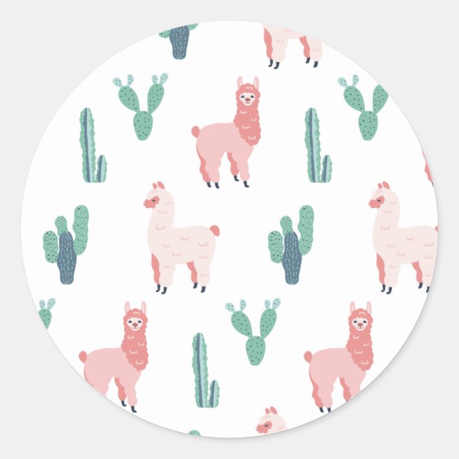 Pegatina Redonda Llama Cactus Cute Animals Patrón gracioso (Anverso)