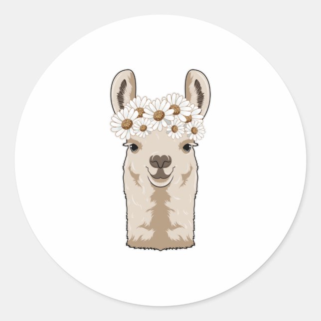 Pegatina Redonda Llama con flores blancas (Anverso)