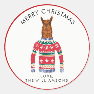Pegatina Redonda Llama con graciosos Navidades suéter nórdico
