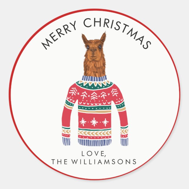Pegatina Redonda Llama con graciosos Navidades suéter nórdico (Anverso)