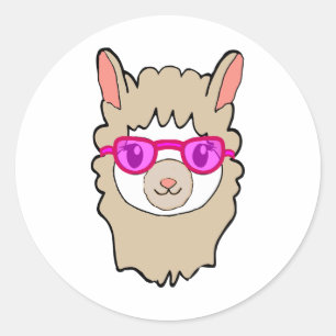 Pegatina Redonda Llama Cuta Con Dibujo De Gafas