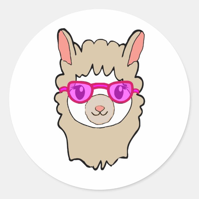 Pegatina Redonda Llama Cuta Con Dibujo De Gafas (Anverso)