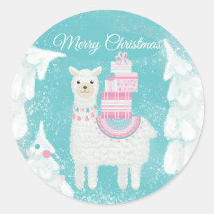 Pegatina Redonda Llama cuta con regalos de Navidades