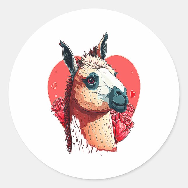 Pegatina Redonda Llama Cute Alpaca Valentines Day Animal  (Anverso)