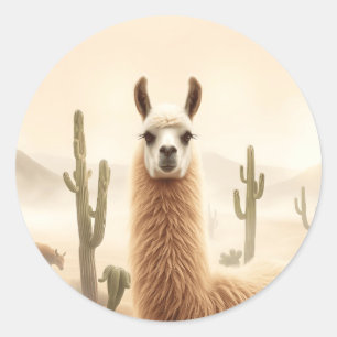 Pegatina Redonda Llama de arena suave con flujo de cactus