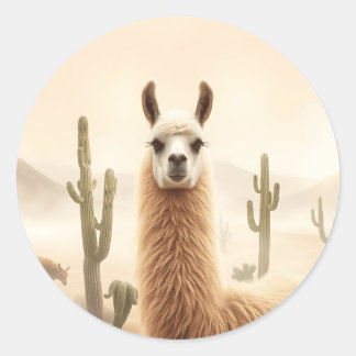 Pegatina Redonda Llama de arena suave con flujo de cactus