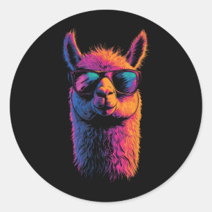 Pegatina Redonda Llama divertida con gafas de sol coloridas sin áni