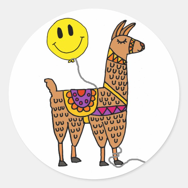 Pegatina Redonda Llama divertida con sonriente Personalizado de glo (Anverso)