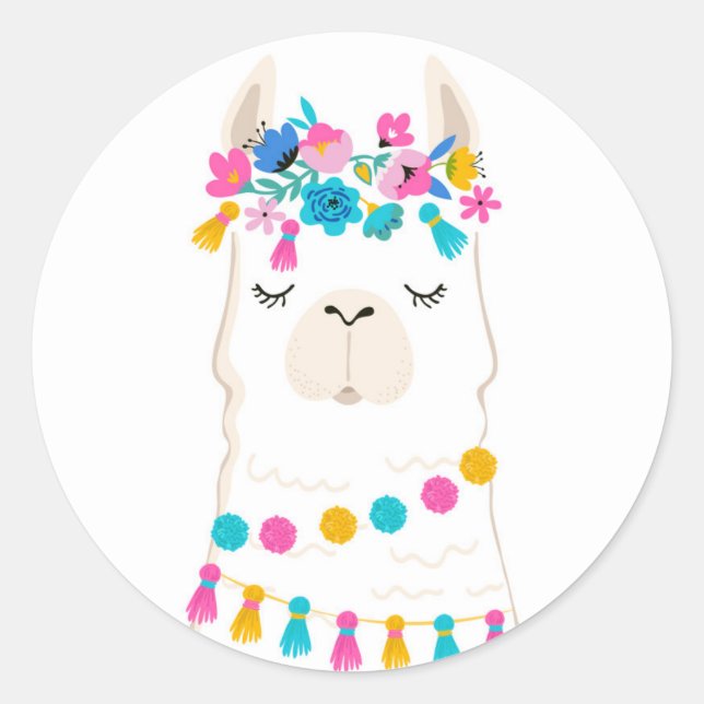 Pegatina Redonda Llama floral cute (Anverso)