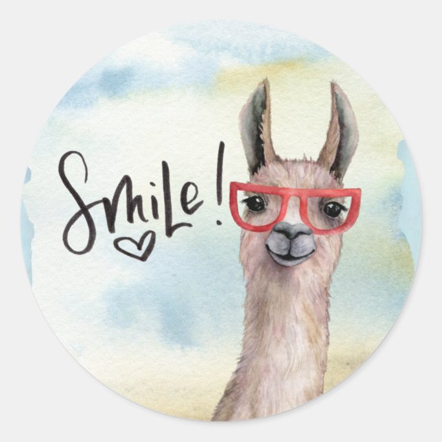 Pegatina Redonda Llama graciosa sonrisa (Anverso)