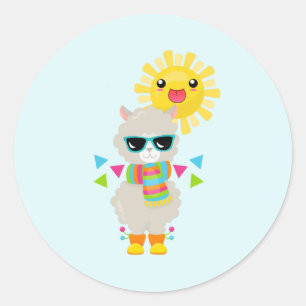 Pegatina Redonda Llama Guay y Sol sonriente Kawaii