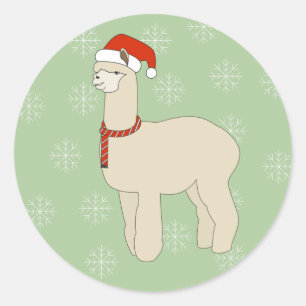 Pegatina Redonda Llama ilusima Gorro de Navidad Copos de Nieve Verd
