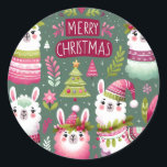Pegatina Redonda Llama Merry Christmas<br><div class="desc">Añada un toque de capricho a sus regalos de vacaciones y correo con esta llama rosa y verde pegatinas de Feliz Navidad, </div>