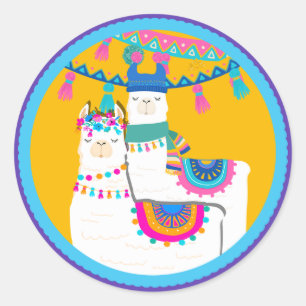 Pegatina Redonda Llama Morado Azul Amarillo Fiesta de Cumpleaños Co