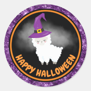 Pegatina Redonda Llama Niños Lindos y Feliz Halloween con Purpurina