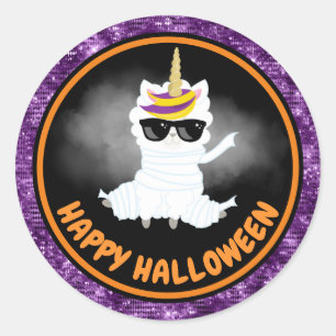 Pegatina Redonda Llama Niños Lindos y Purpurina Morada Feliz Hallow