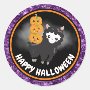 Pegatina Redonda Llama Niños Lindos y Purpurina Morada Feliz Hallow