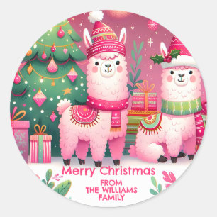 Pegatina Redonda Llama Rosa de Navidad