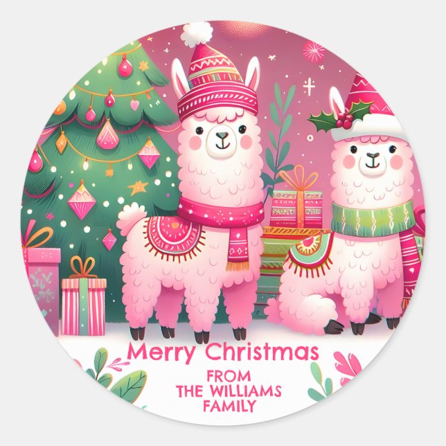 Pegatina Redonda Llama Rosa de Navidad (Anverso)