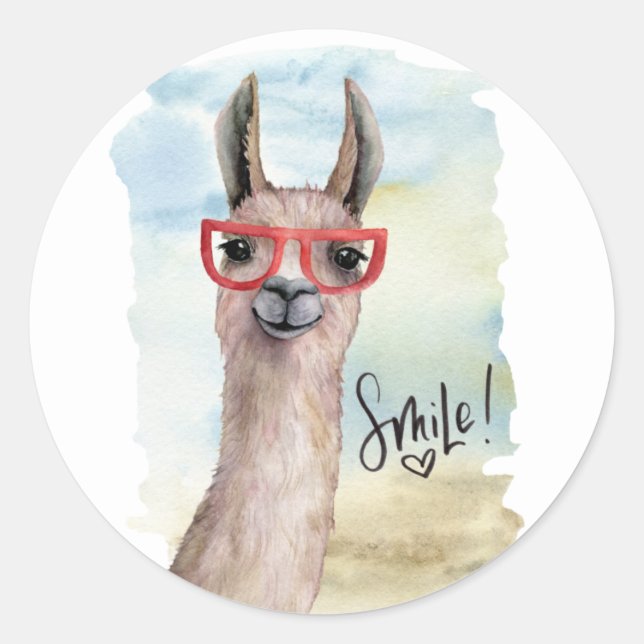 Pegatina Redonda Llama Sonriente Divertida Linda (Anverso)