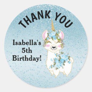 Pegatina Redonda Llama Unicorn - Azul - Gracias