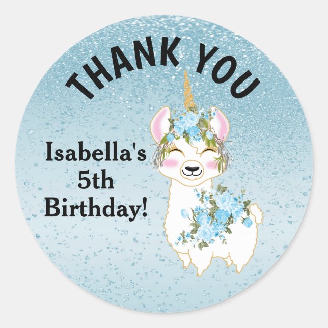 Pegatina Redonda Llama Unicorn - Azul - Gracias (Anverso)
