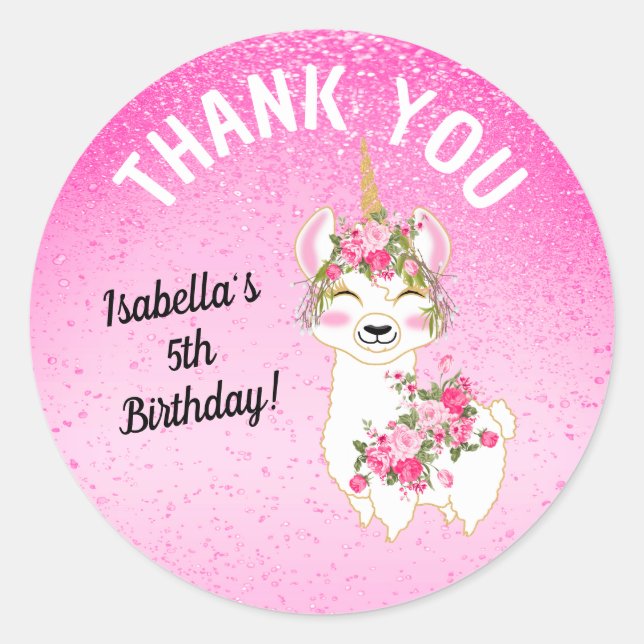 Pegatina Redonda Llama Unicorn - Rosa - Gracias (Anverso)