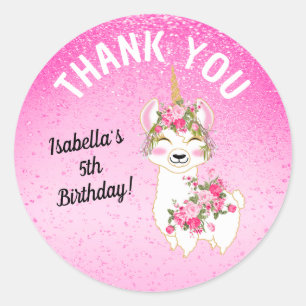 Pegatina Redonda Llama Unicorn - Rosa - Gracias