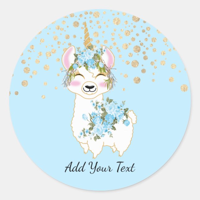 Pegatina Redonda Llama unicornio - Azul (Anverso)