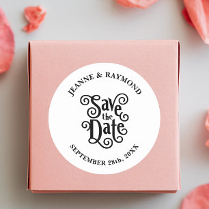 Pegatina Redonda Llamada Romántica a la Boda Caligrafía Save the Da