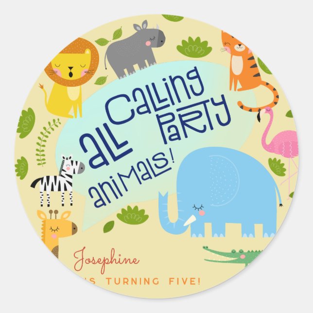 Pegatina Redonda Llamar a todos los niños de los animales fiestas f (Anverso)