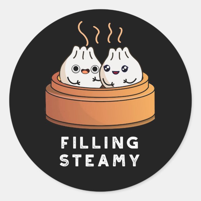Pegatina Redonda Llenando Steamy Funny Dimsum Bao Pun Dark BG (Anverso)
